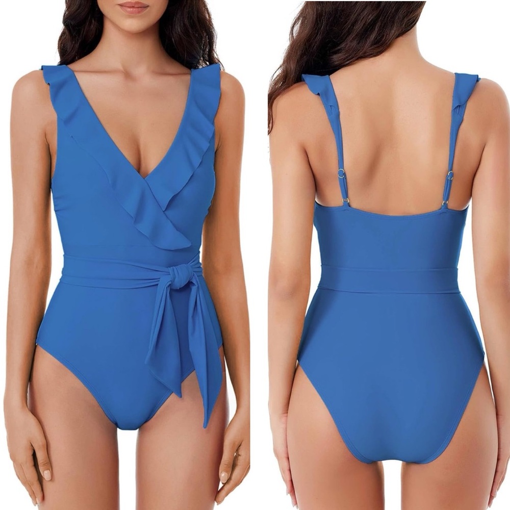 NWT BCA by Rebecca Virtue Kelly Ruffle One Piece Swimsuit Plunge Bathing Suit